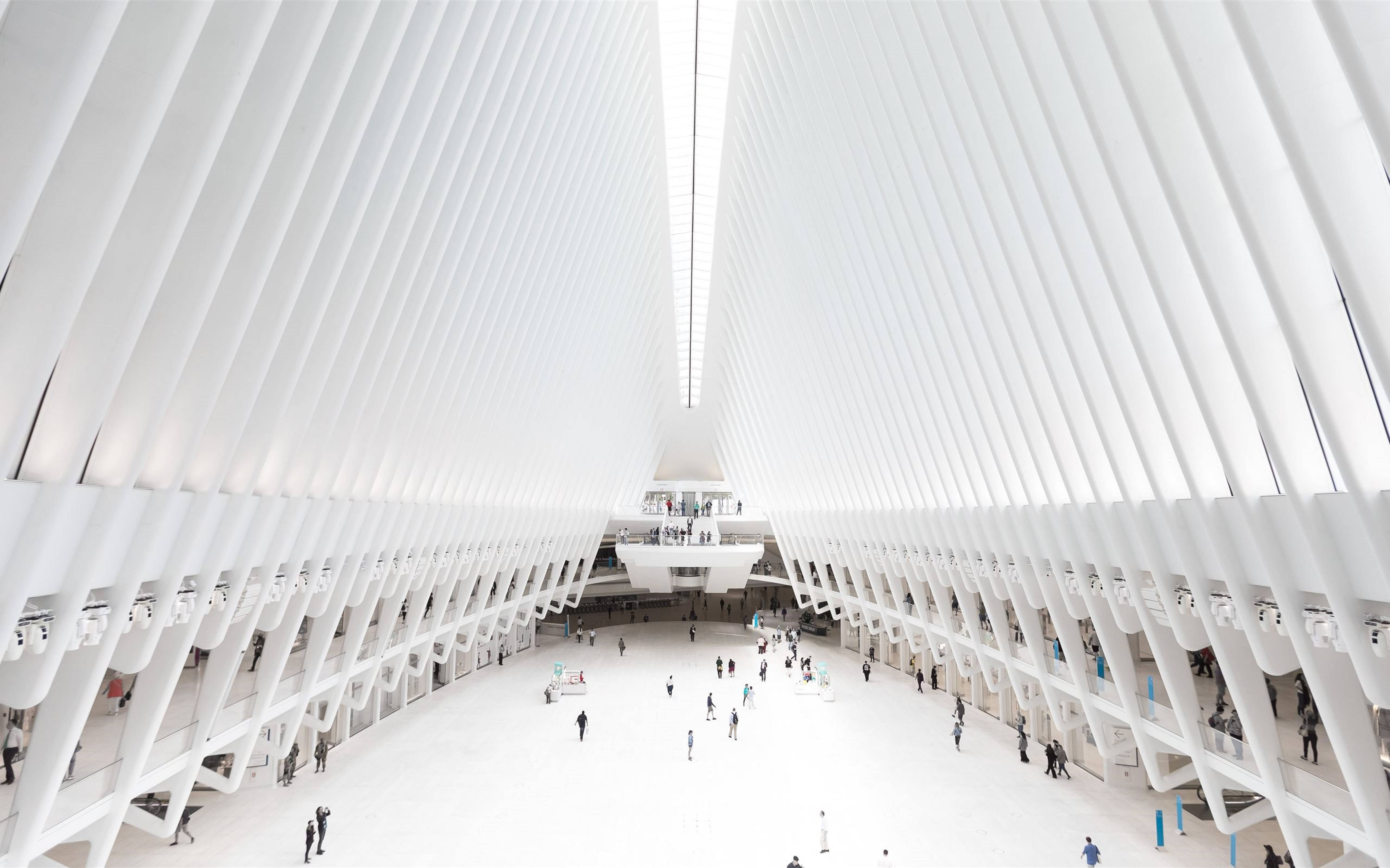 Architecture 桌布 壁紙 — 一個寬敞的白色建築空間，高聳的肋狀天花板下，散落著行走的人們。