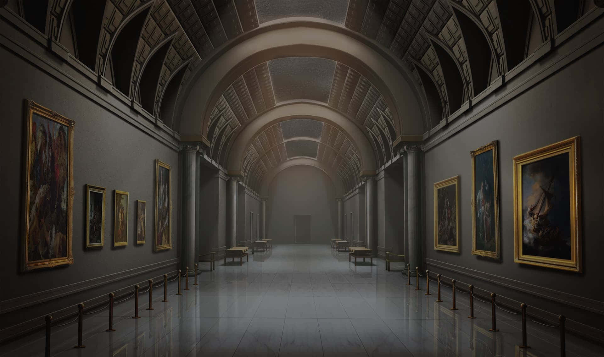 Museum 桌布 壁紙 — 一個寬敞空曠的博物館畫廊，擁有拱形天花板和金色畫框的畫作，在柔和環境光線下排列在牆壁上。