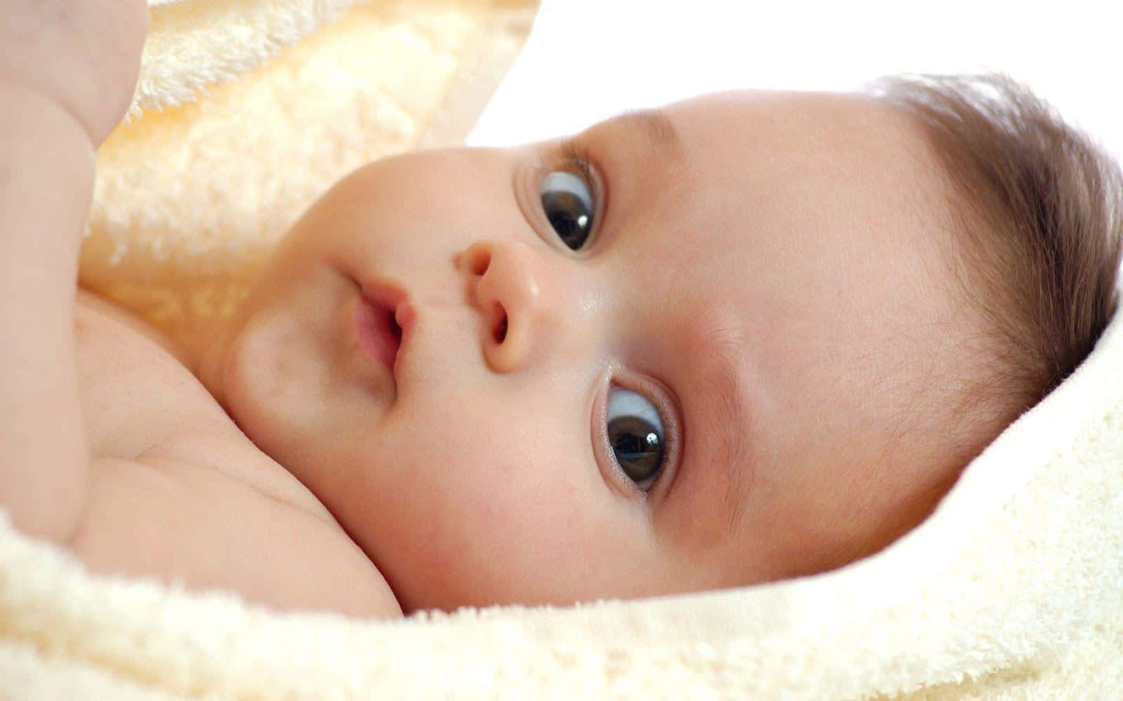 cute baby 桌布 壁紙 — 一個寶寶的特寫，他有一雙又大又好奇的眼睛，躺在柔軟的黃色毛巾上。