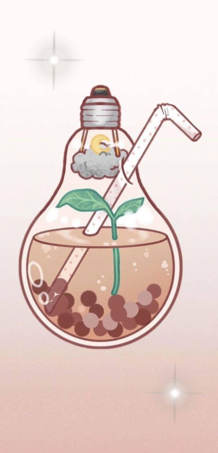 Bubble 桌布 壁紙 — 一個將燈泡改造成玻璃容器的奇思妙想插圖，裡面有發芽的植物和吸管。