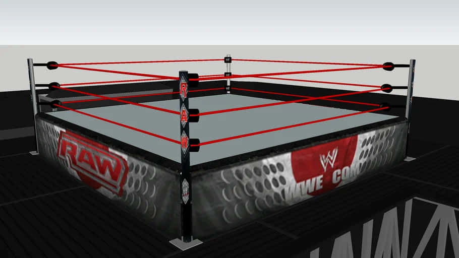 Wrestling Ring 桌布 壁紙 — 一個專業摔角擂台，帶有紅色繩索和金屬角上的WWE RAW品牌標誌，背景簡潔。