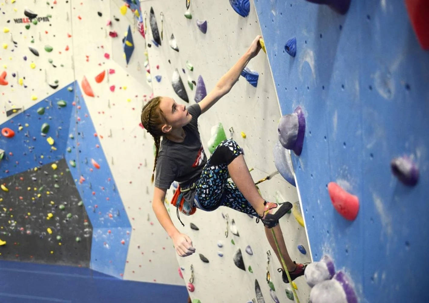 Climbing 桌布 壁紙 — 一個專注的年輕攀岩者以決心和精準度攀登色彩繽紛的室內攀岩牆。