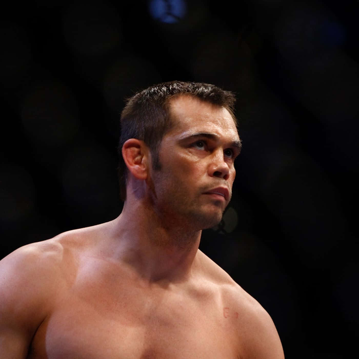 MMA 桌布 壁紙 — 一個專注的肌肉發達戰士在昏暗的競技場中凝視，身後有模糊的燈光。