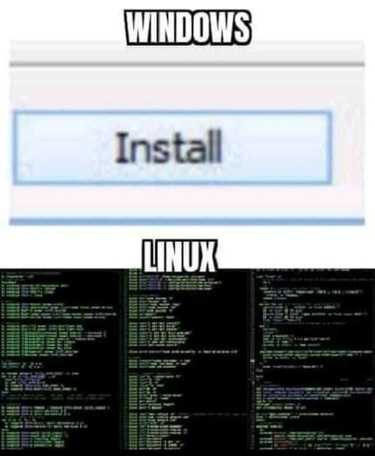 Internet Meme 桌布 壁紙 — 一個對比Windows簡單的「安裝」按鈕與Linux複雜的終端命令列的迷因。