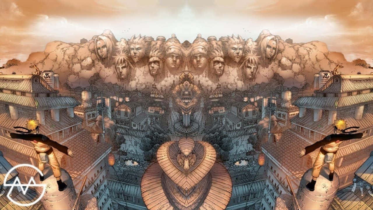 Hidden Leaf Village 桌布 壁紙 — 一個對稱的動漫場景顯示兩個忍者角色站在屋頂上，面對一個巨大的石頭紀念碑，上面有多個雕刻的臉孔，背景是溫暖的日落天空。