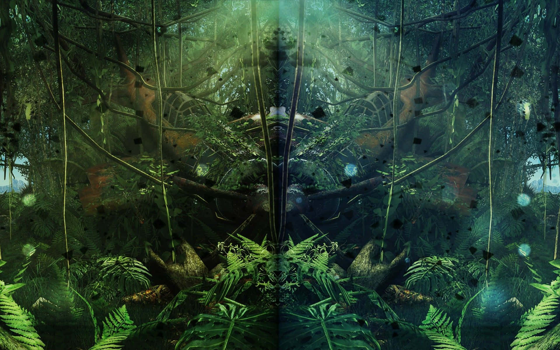 桌布 壁紙 — 一個對稱的叢林場景，在斑駁的光線下，有發光的綠色蕨類植物和懸掛的藤蔓。