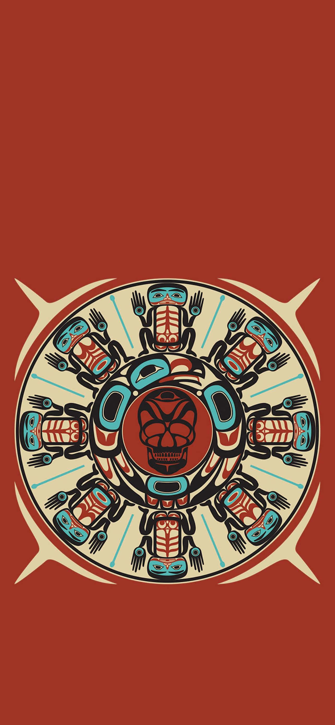 Grateful Dead iPhone 桌布 壁紙 — 一個對稱的圓形部落設計，中央頭骨放射出風格化的面孔，背景為深紅色。