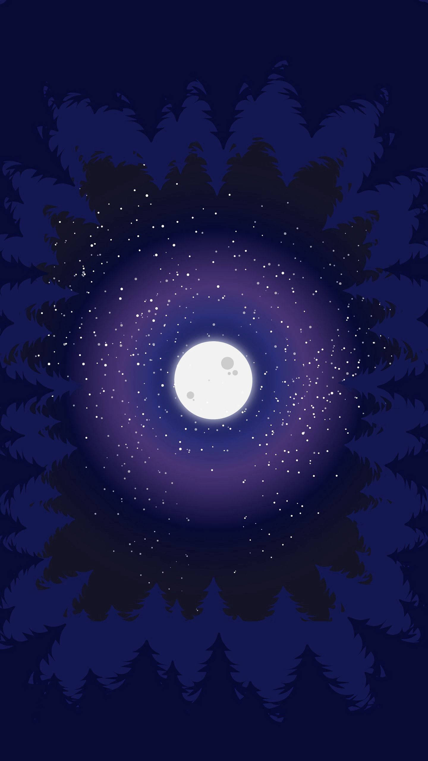 Moonlight 桌布 壁紙 — 一個對稱的夜景，滿月被星星環繞，深藍色調中倒映著松樹。