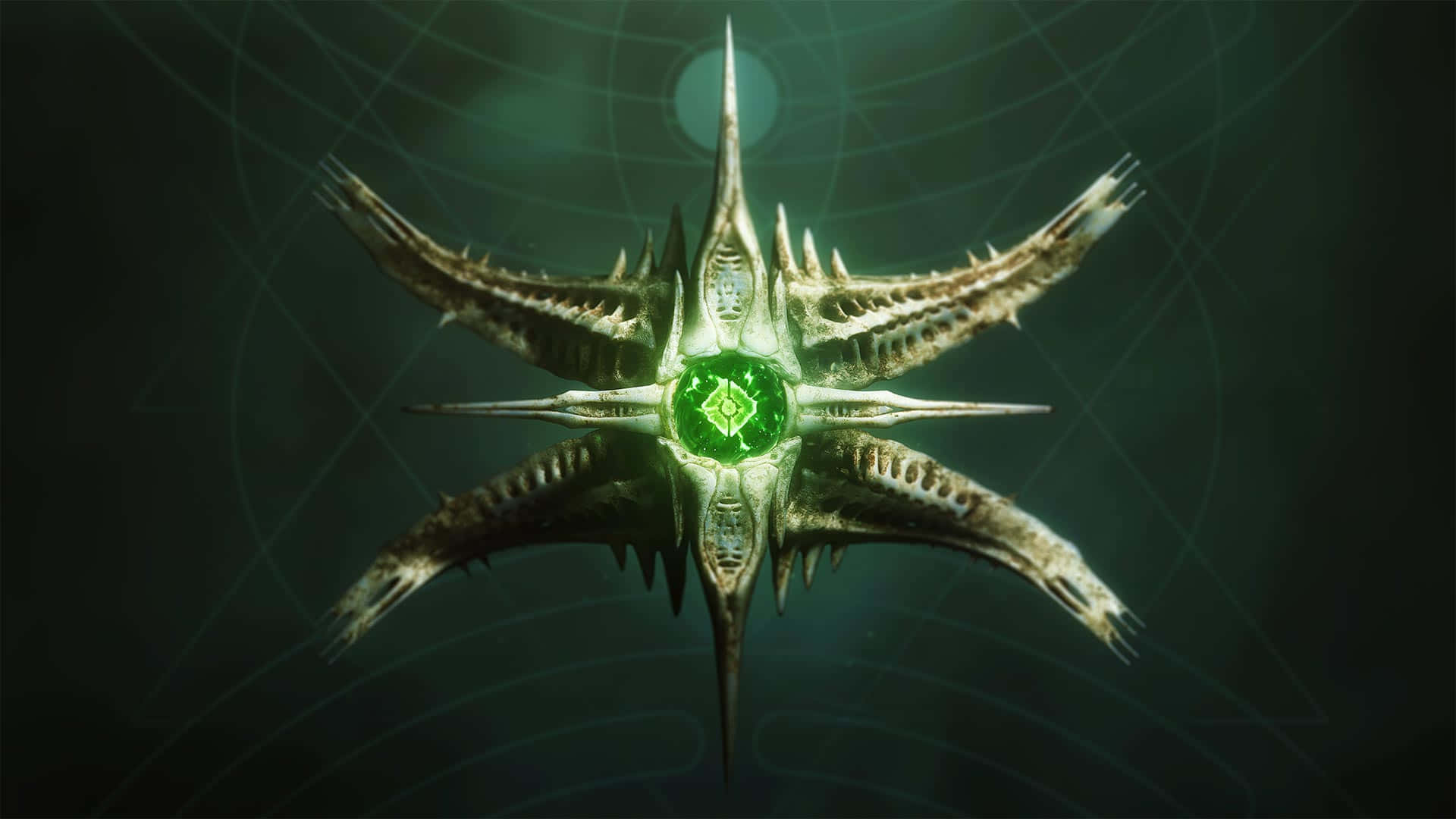 Destiny 2 桌布 壁紙 — 一個對稱的尖刺外星星星，帶有發光的綠色核心，在深藍綠色背景上散發光芒，帶有微妙的網格線。