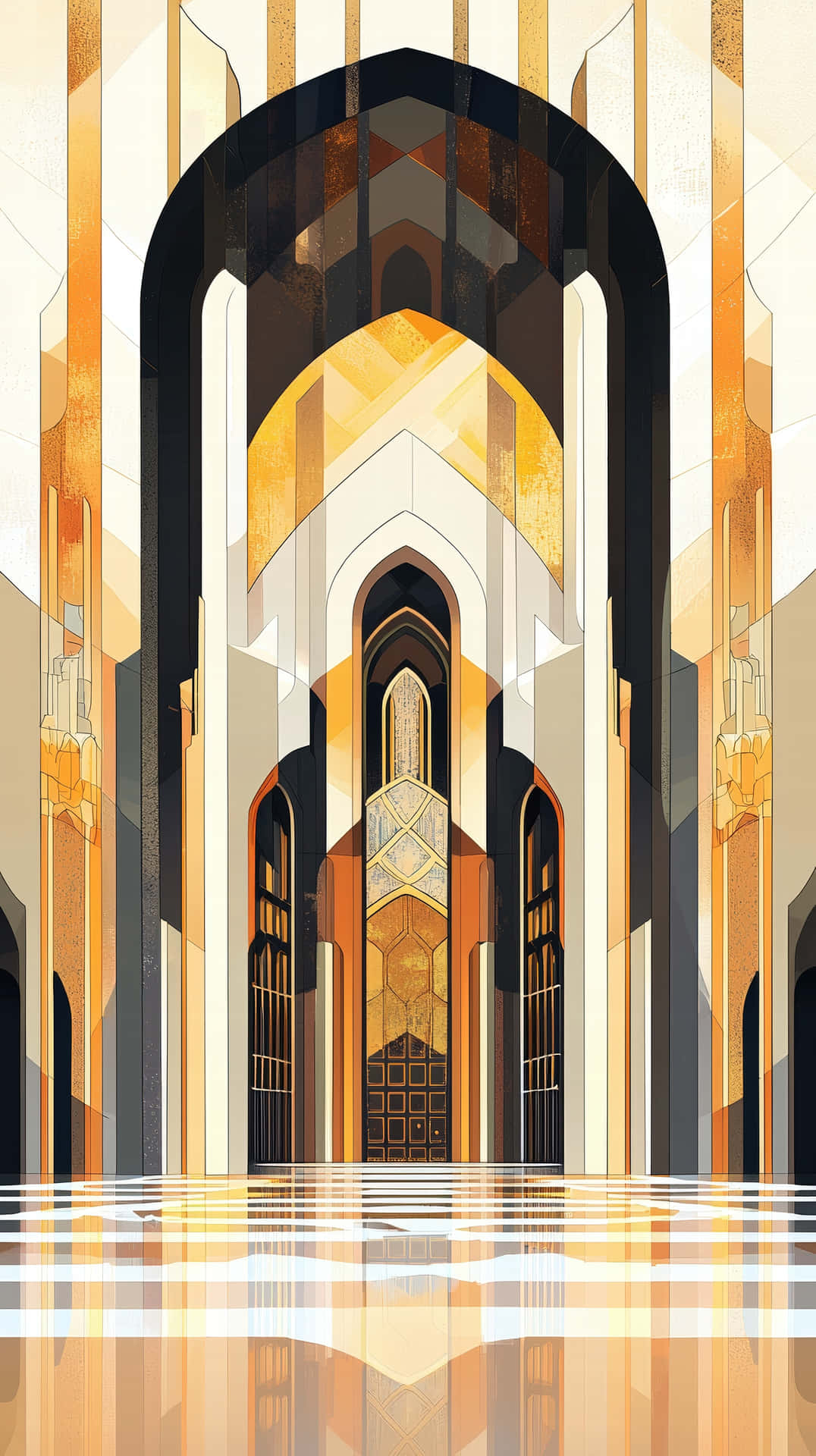 Futuristic palace interior with grand arches 壁紙 — 一個對稱的幾何拱門，帶有金色米色和黑色色調，通向遠處一扇華麗的門，倒映在拋光地板上。
