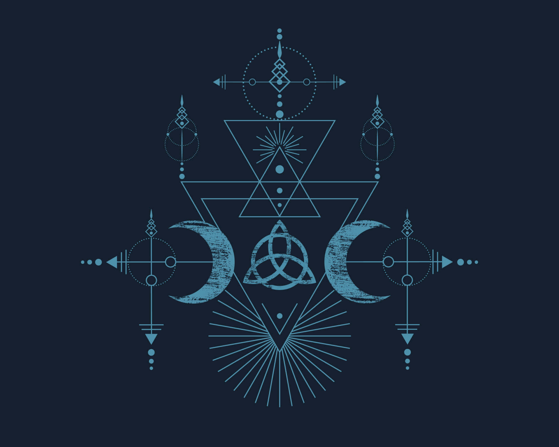 Alchemy 桌布 壁紙 — 一個對稱的幾何設計，以淺藍色新月和神聖符號點綴在深海軍藍背景上。