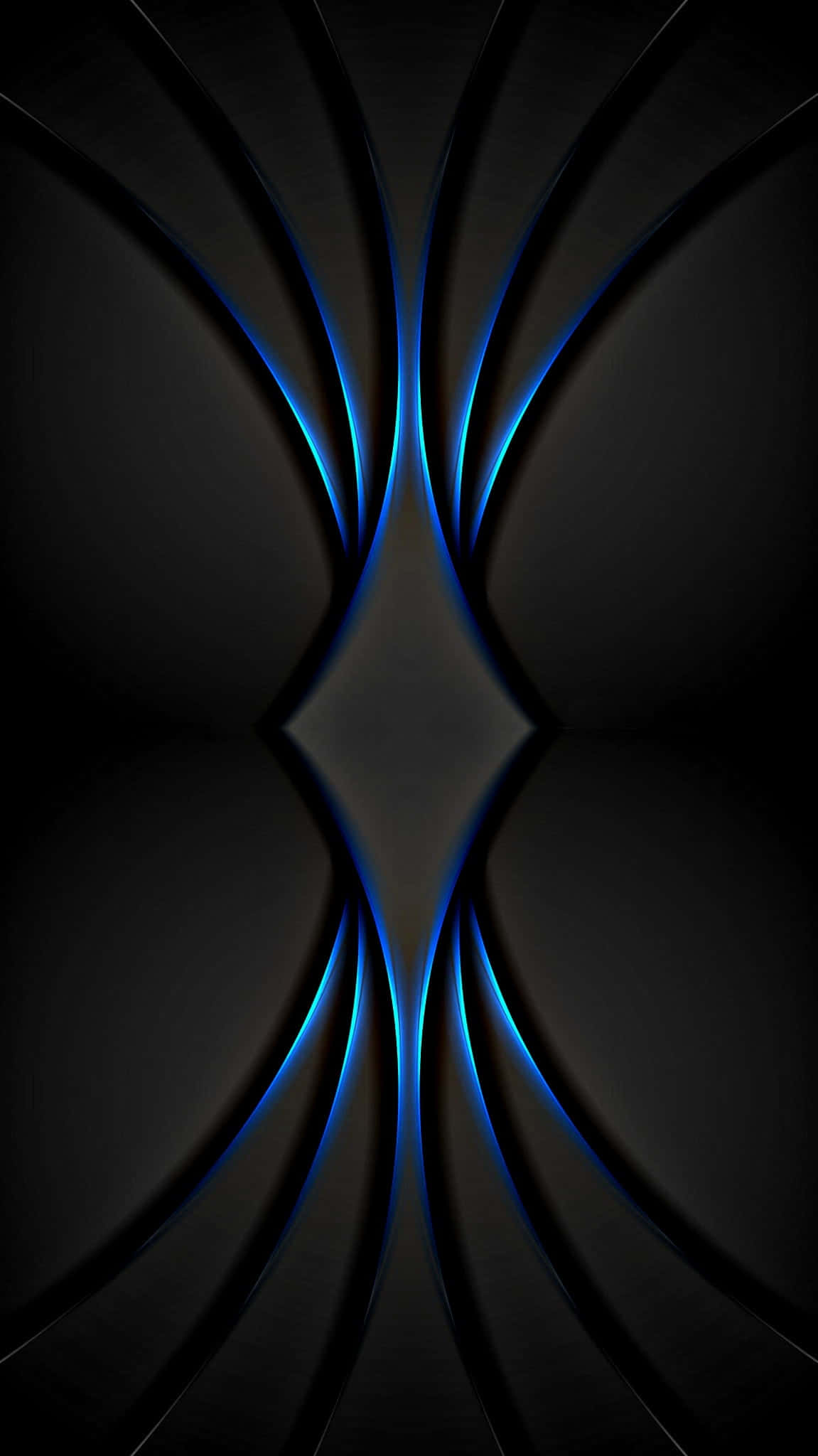 Android Material 桌布 壁紙 — 一個對稱的抽象圖案，由發光的藍色線條從中央鑽石向黑暗背景輻射而成。