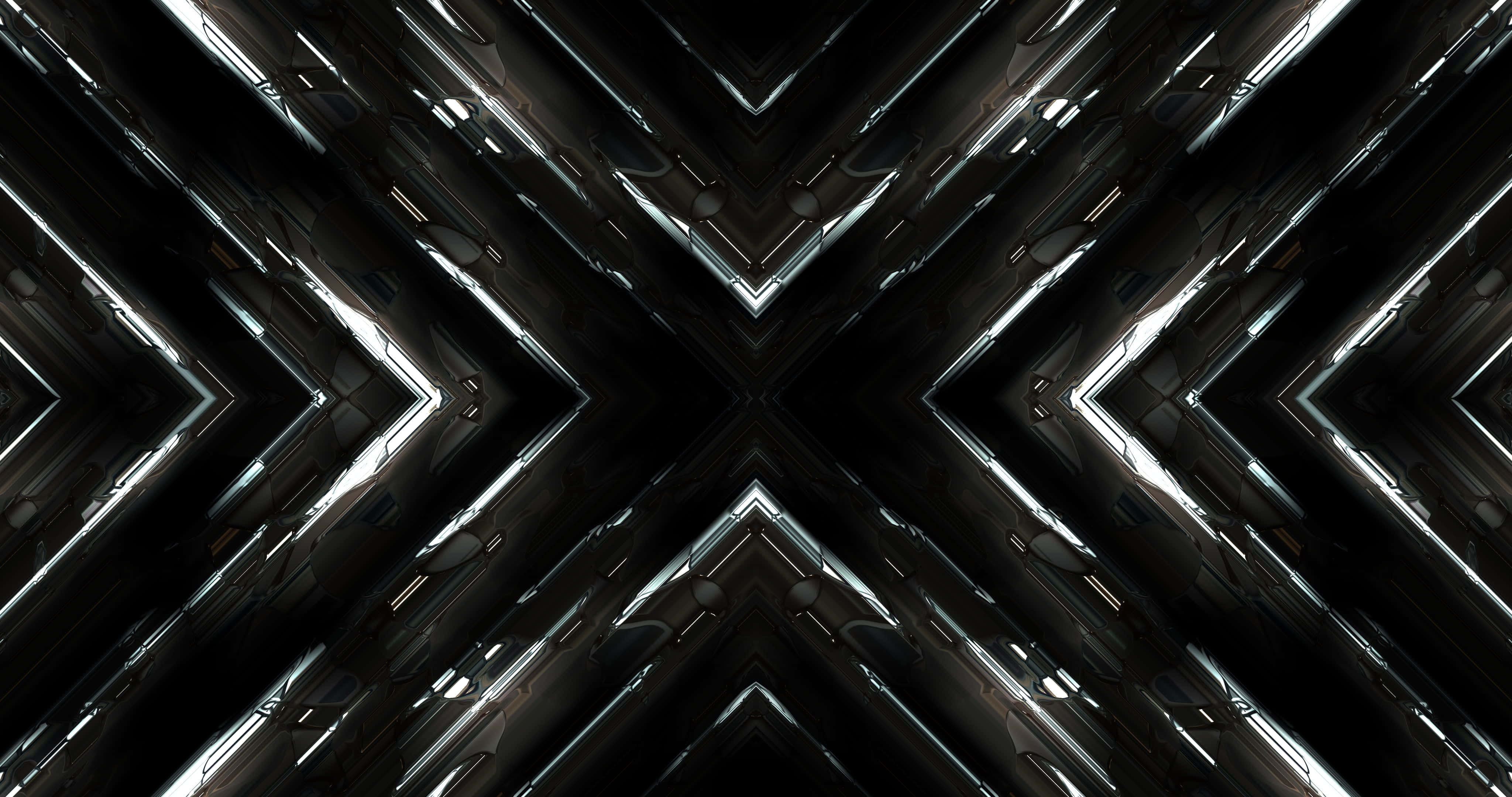 Dark Abstract Art 桌布 壁紙 — 一個對稱的抽象圖案，由發光的金屬V形從中心點向黑暗背景輻射而成。