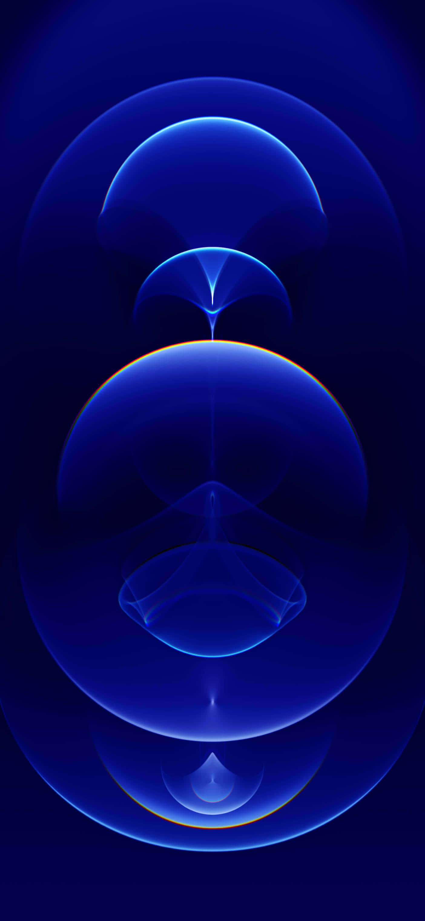 Solid Blue iPhone 桌布 壁紙 — 一個對稱的抽象構圖，發光的藍色球體和曲線在深色背景上。