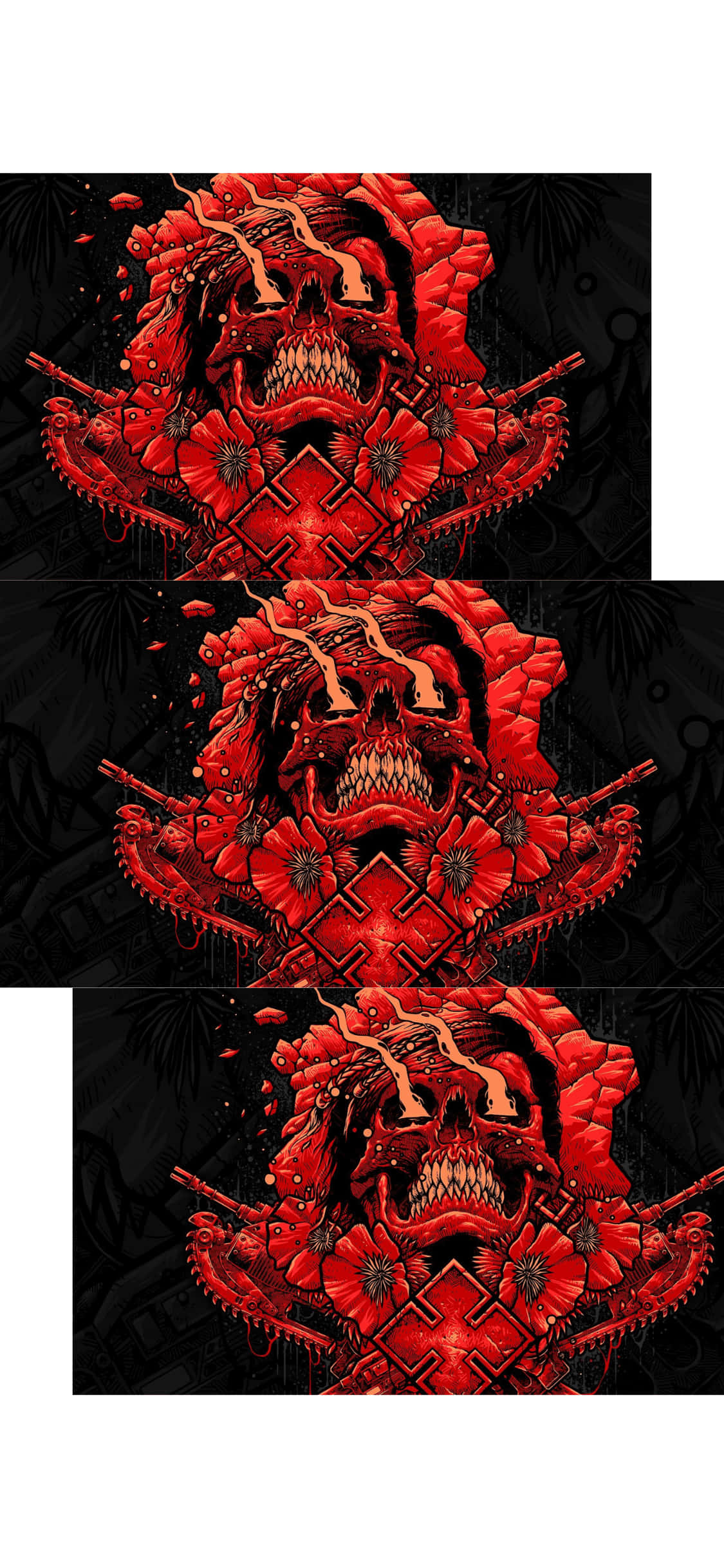 iPhone X Gears Of War 5 桌布 壁紙 — 一個對稱的數位藝術作品，描繪一個帶有罌粟花和交叉槍枝的威脅性紅色頭骨，背景為黑色。