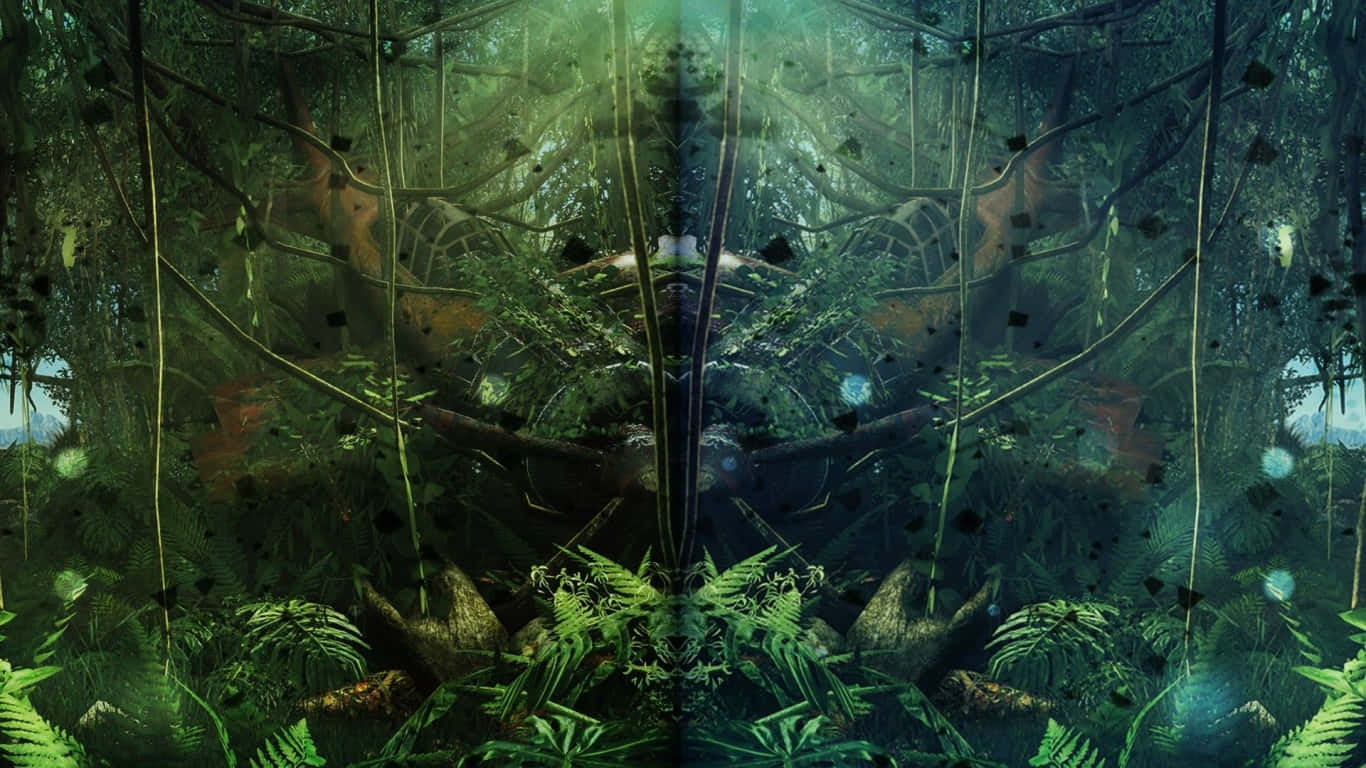 1366x768 Far Cry 3 桌布 壁紙 — 一個對稱的數位藝術叢林場景，在斑駁的光線下有發光的綠色蕨類植物和藤蔓。