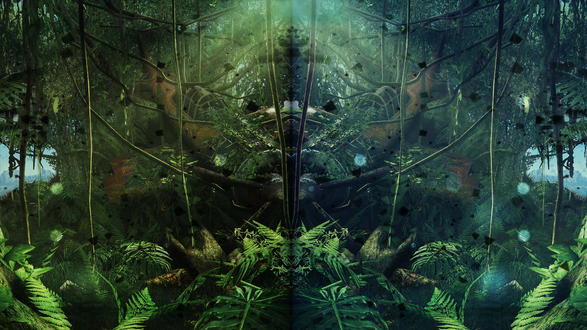 Far Cry 3 桌布 壁紙 — 一個對稱的數位藝術叢林場景，在斑駁的光線下有發光的綠色蕨類植物和懸掛的藤蔓。