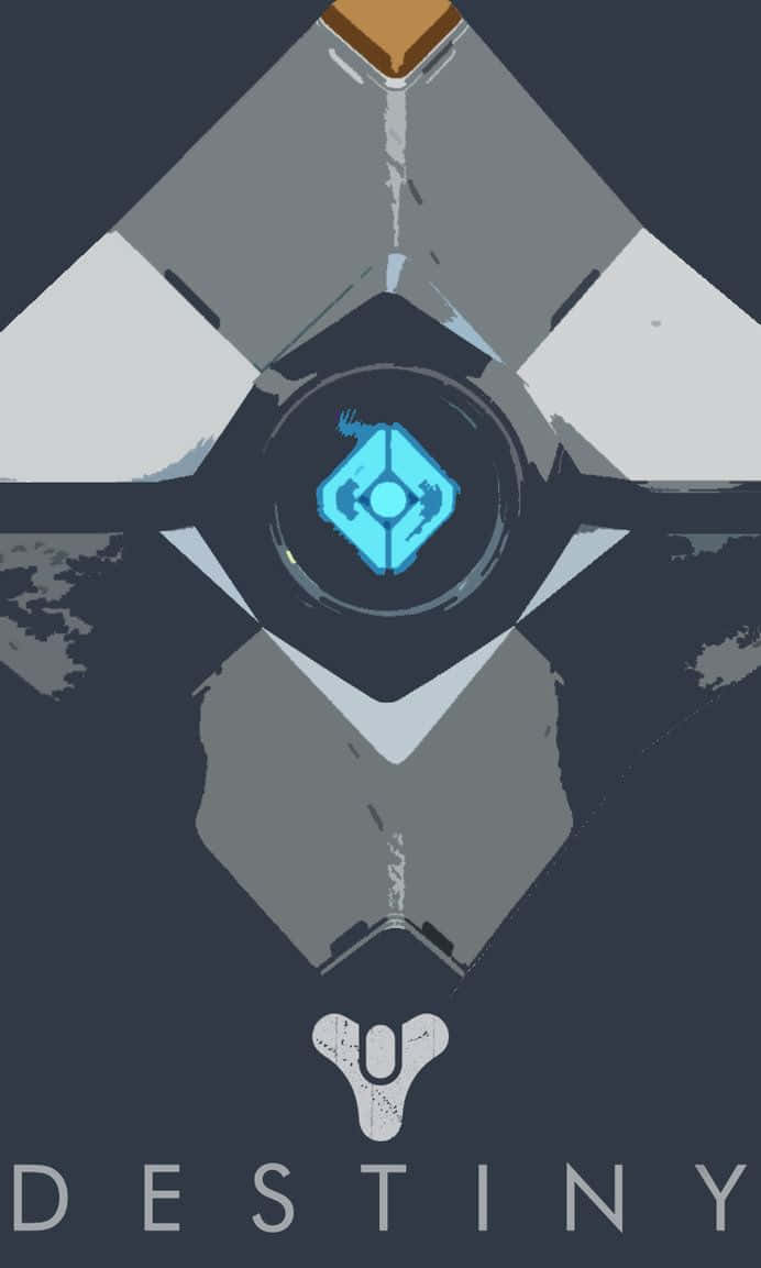Destiny 2 Phone 桌布 壁紙 — 一個對稱的數位藝術海報，用於《天命》，中心有一個發光的藍色符號，位於幾何盔甲設計中。