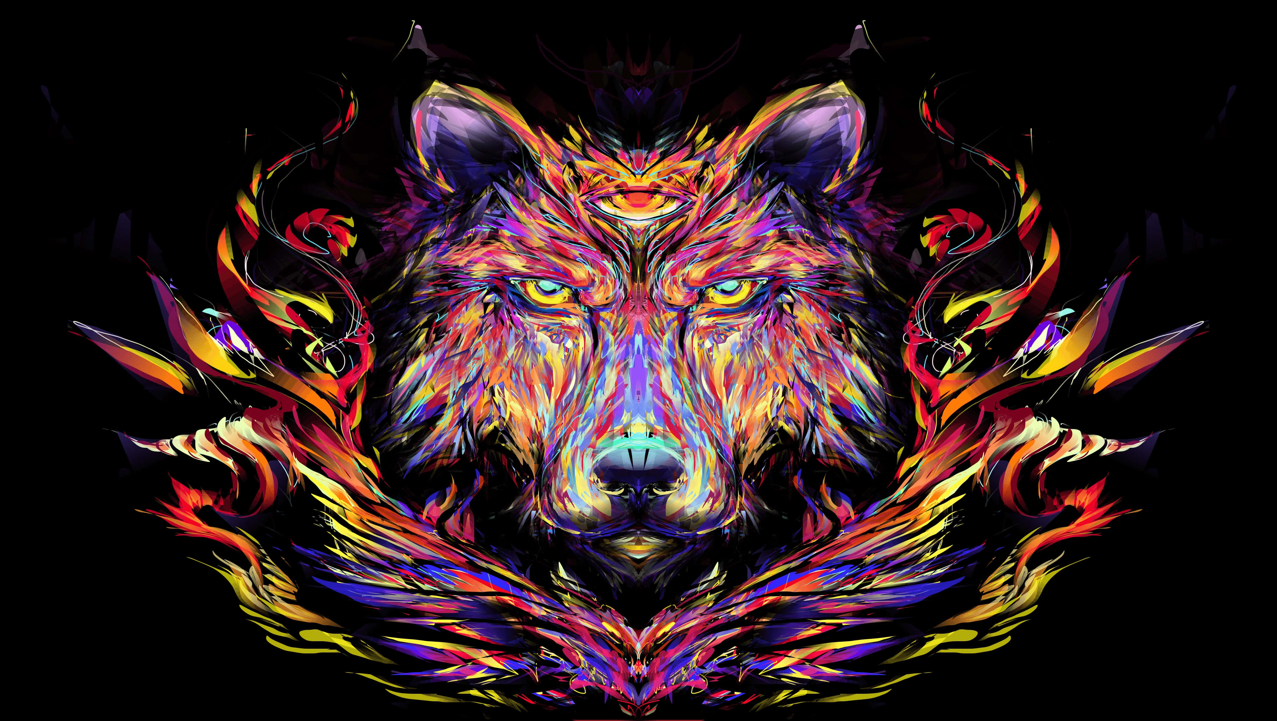 Trippy Animals 桌布 壁紙 — 一個對稱的數位藝術狼頭，帶有發光的眼睛和火焰般的多色毛皮，背景為黑色。