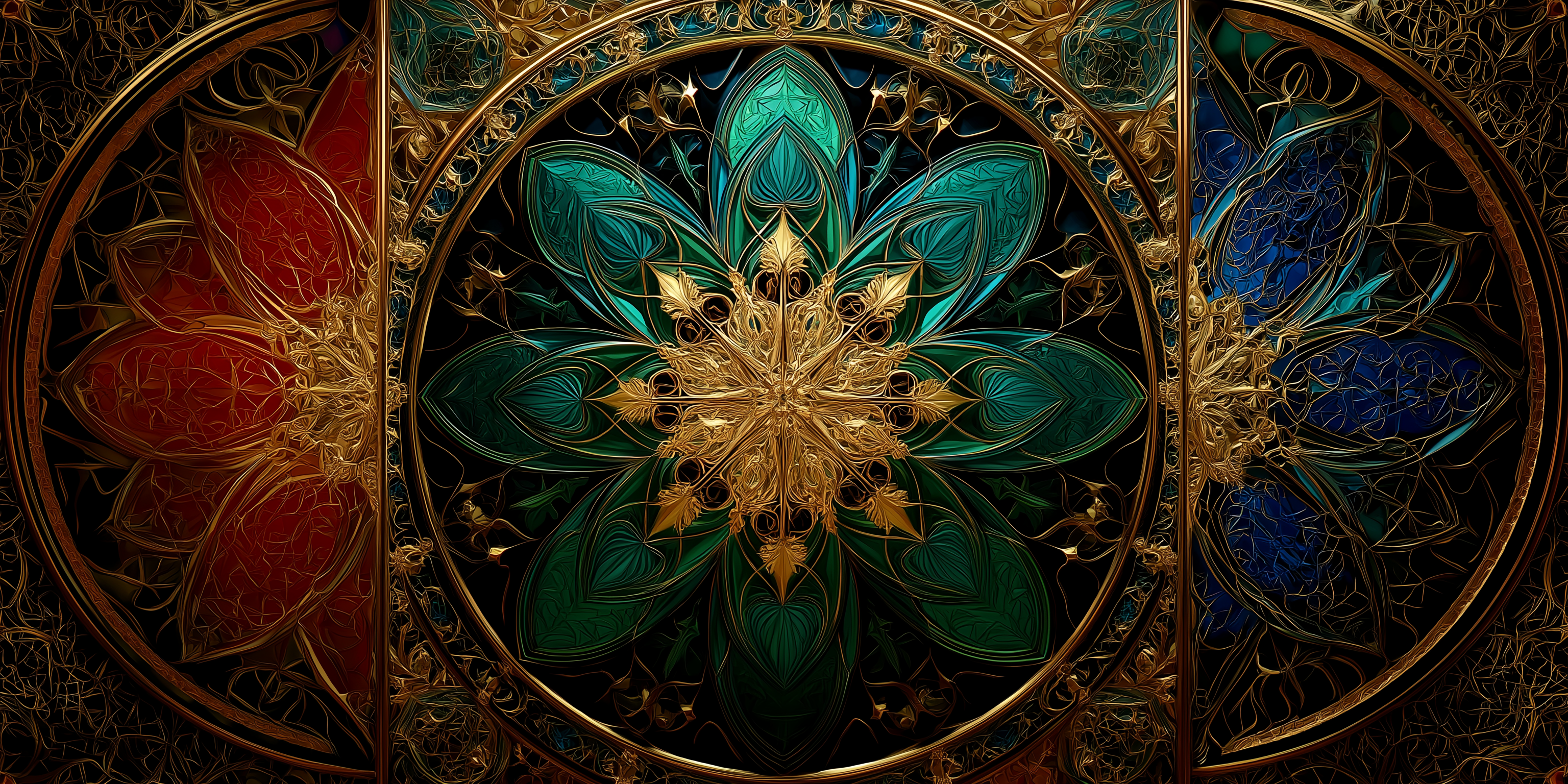 Geometric 桌布 壁紙 — 一個對稱的曼陀羅，金色鏤空花瓣從中央星爆向外輻射，兩側是華麗圓形框架內的紅色和藍色彩繪玻璃花卉圖案。