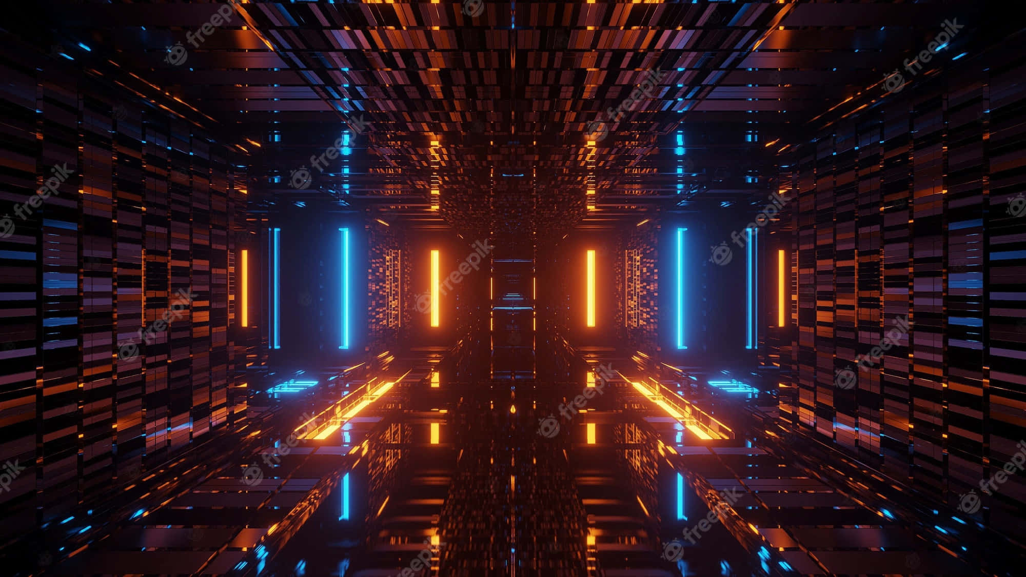 Cool Abstract 桌布 壁紙 — 一個對稱的未來主義走廊，帶有發光的橙色和藍色霓虹燈，反射在拋光的地板上。