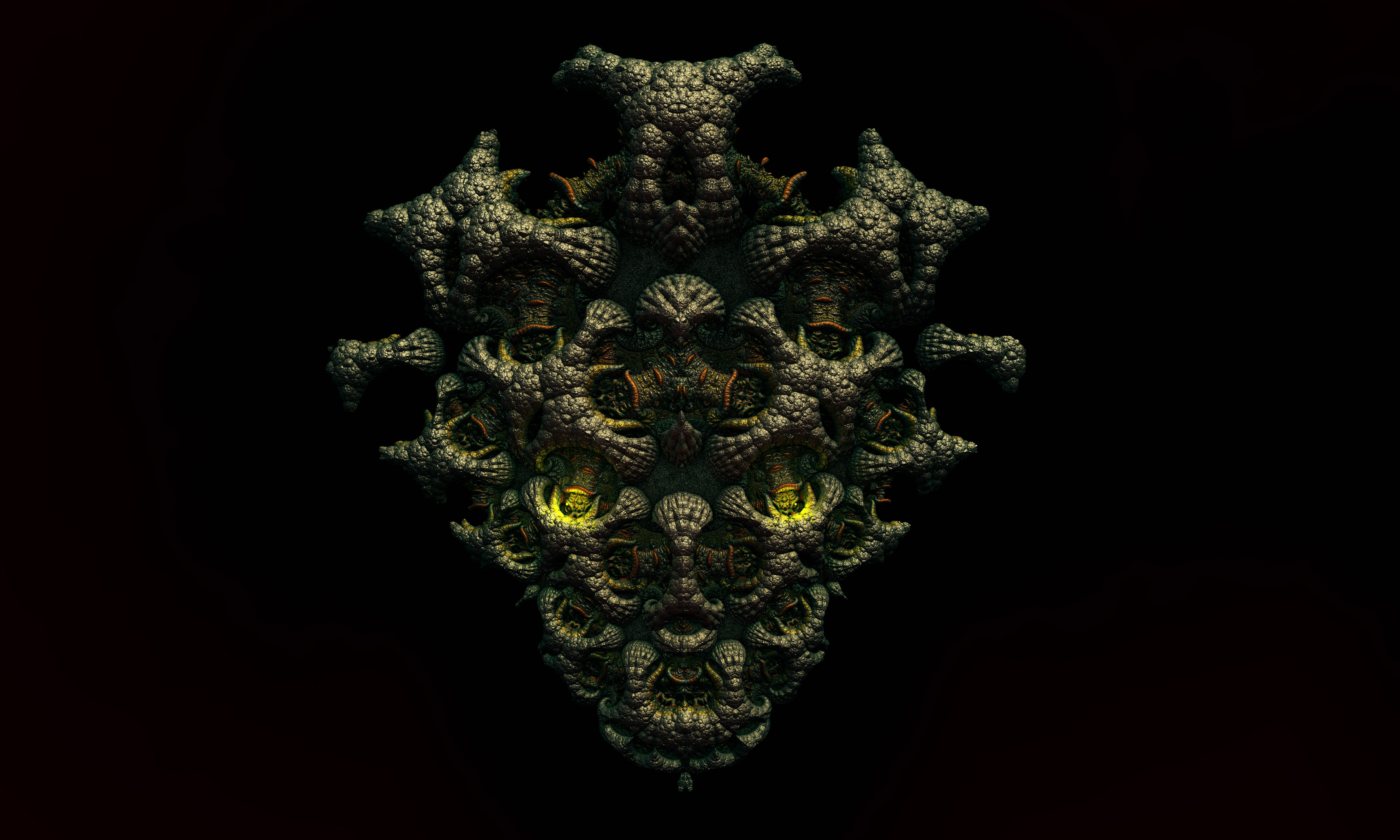 3D 桌布 壁紙 — 一個對稱的碎形圖案，帶有發光的黃色眼睛，從深綠色紋理中浮現，背景為黑色。