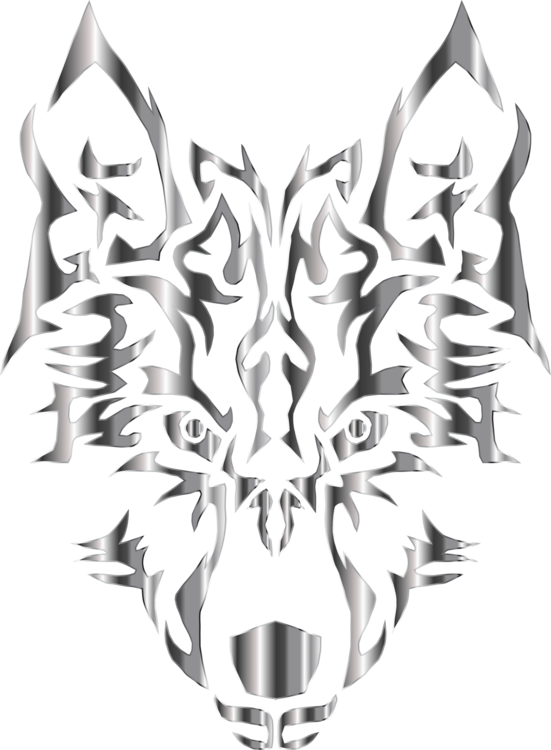 Wolf Logo 桌布 壁紙 — 一個對稱的銀色狼頭，帶有複雜的部落圖案和鋒利的金屬邊緣，背景為黑色。