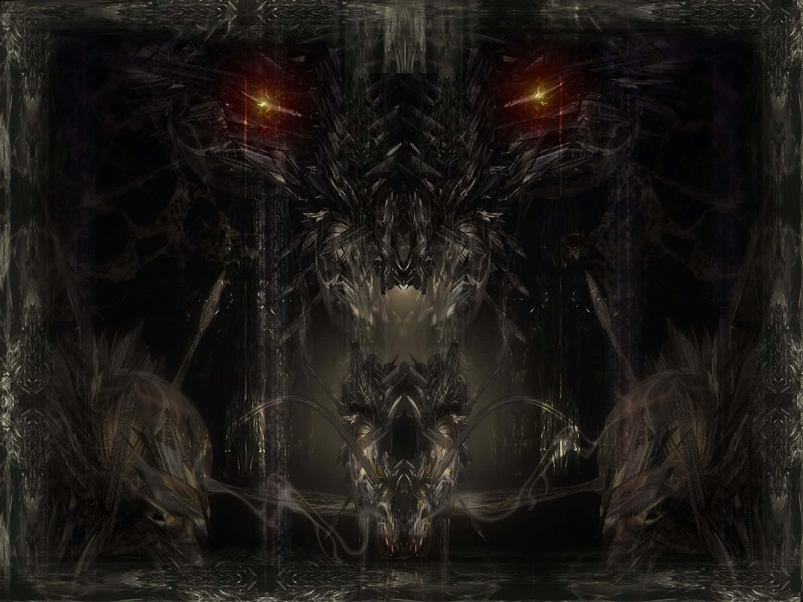 Dark Gothic 桌布 壁紙 — 一個對稱的黑暗奇幻生物，有著發光的紅色眼睛，從渾濁的水中浮現，形成鏡像般的詭異場景。