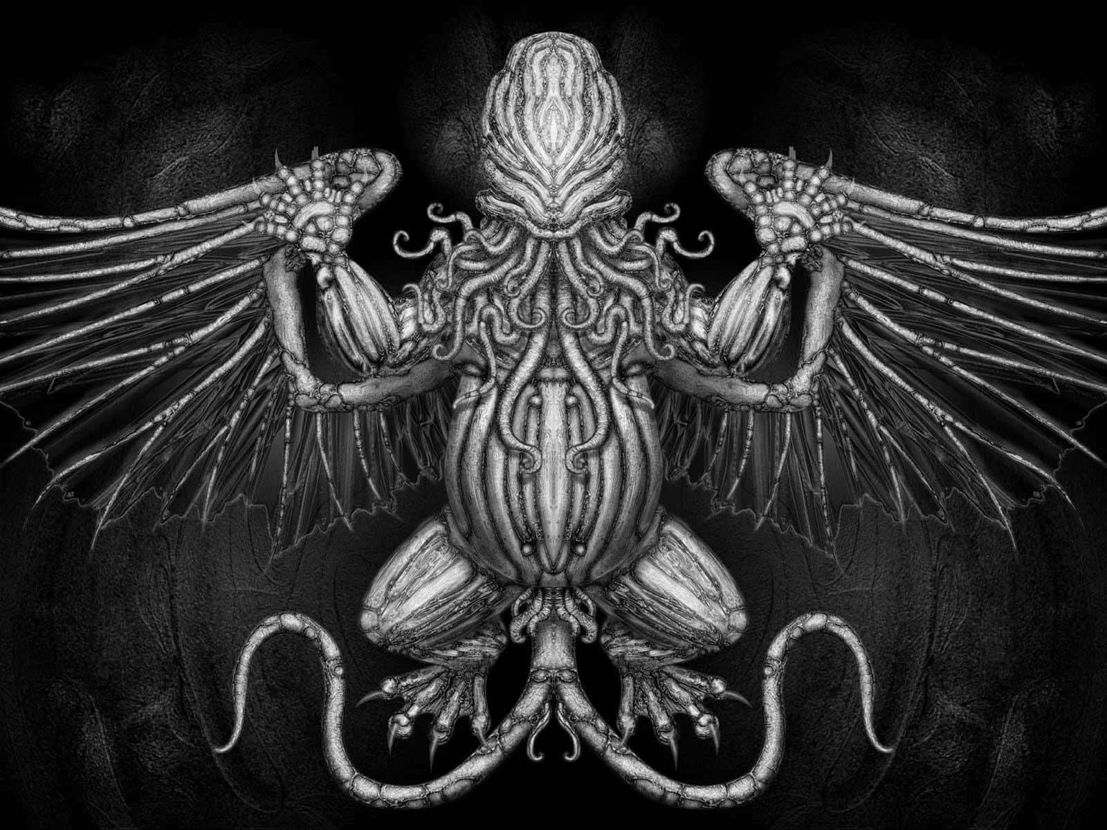 克蘇魯 桌布 壁紙 — 一個對稱的黑白插圖，描繪一個怪誕的有翼生物，擁有骨骼翅膀和觸手，背景為深色紋理。
