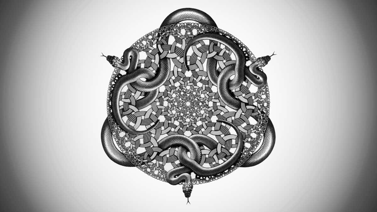 graphic art 桌布 壁紙 — 一個對稱的黑白插圖，描繪四條蛇形成一個帶有複雜編織圖案的圓形曼陀羅。