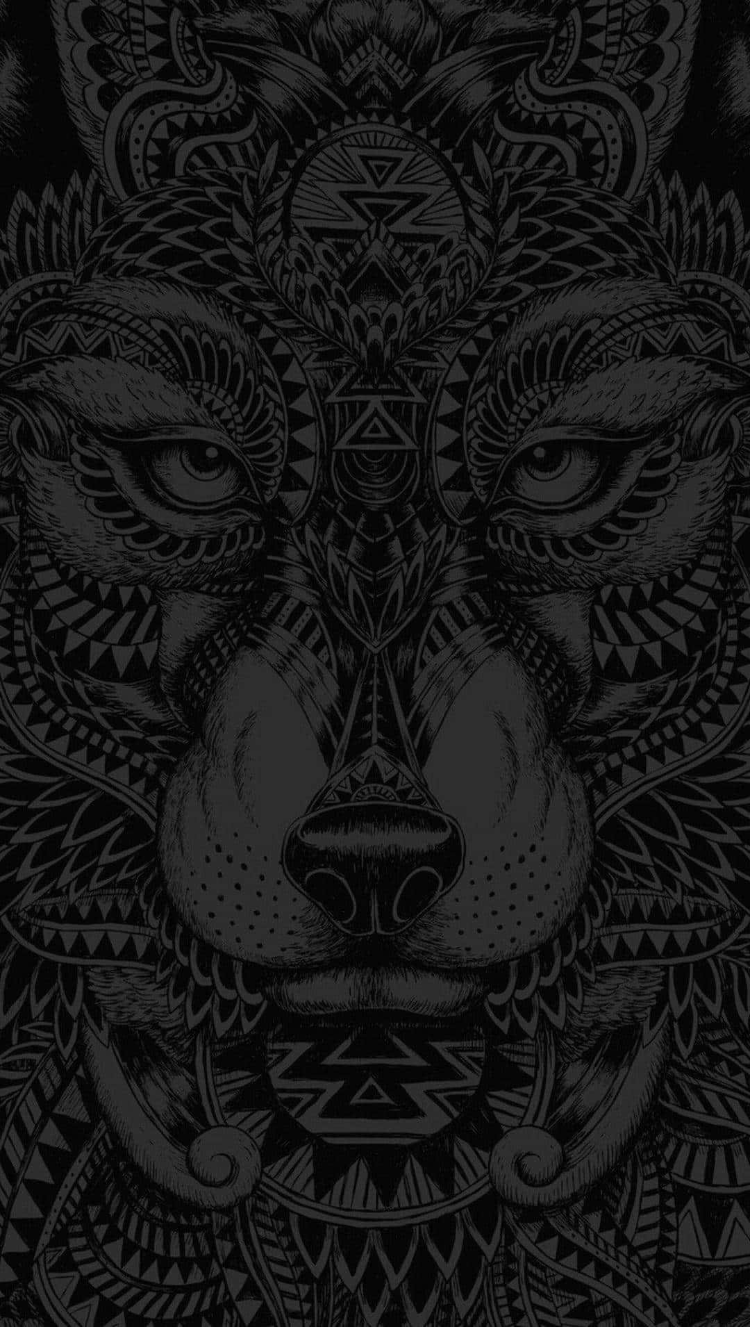 Wolf Head 桌布 壁紙 — 一個對稱的黑白插圖，描繪獅子臉部，飾有複雜的部落圖案和幾何設計。