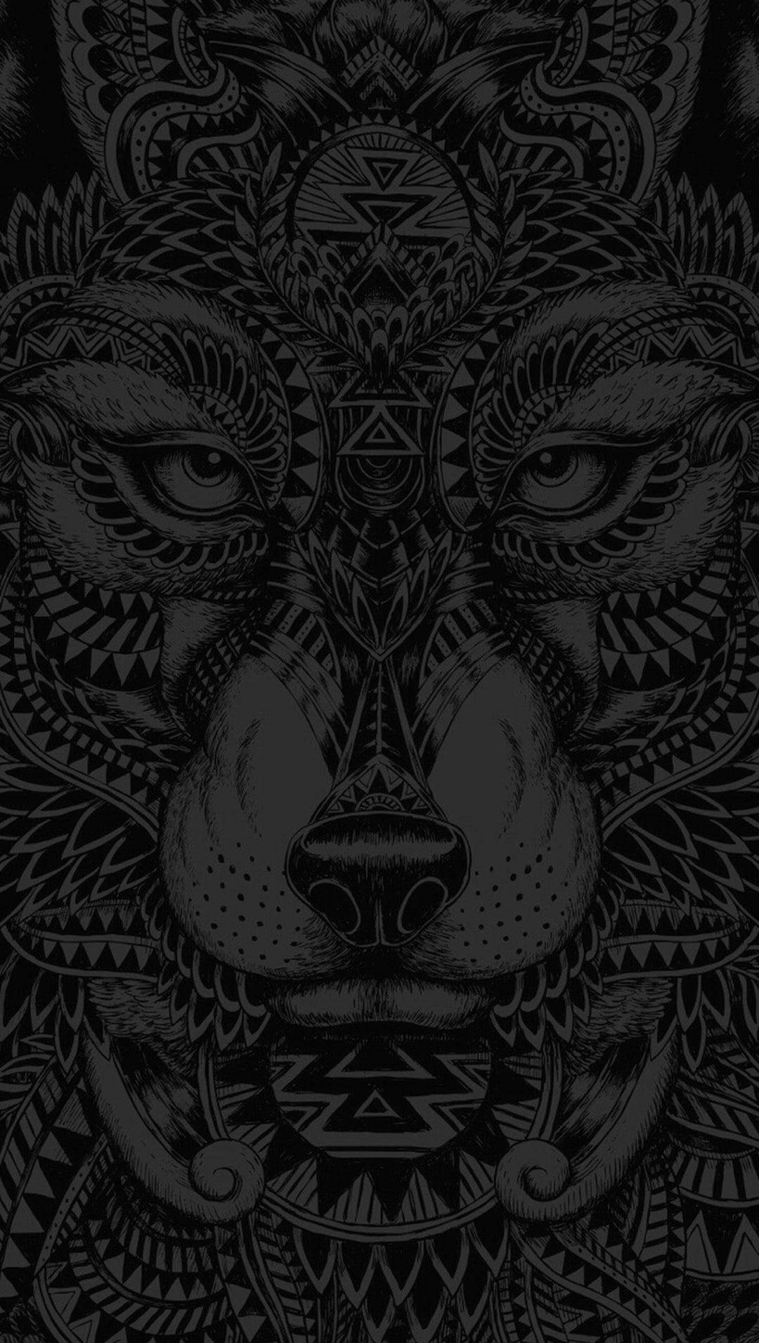 狼 桌布 壁紙 — 一個對稱的黑白插圖，獅子的臉上裝飾著複雜的部落圖案和幾何設計。
