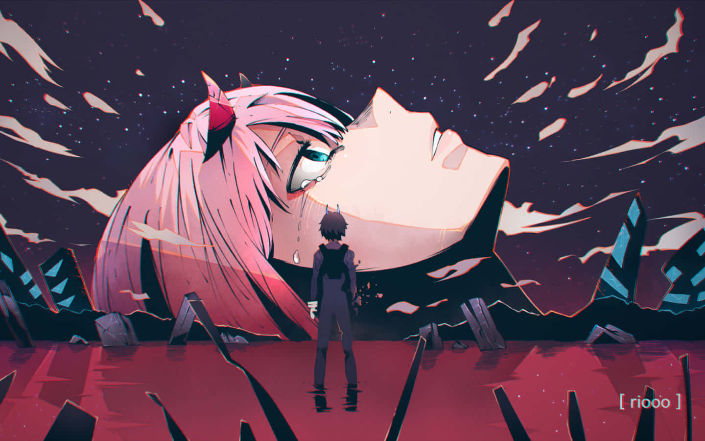 DARLING in the FRANXX 桌布 壁紙 — 一個小人影站在一個擁有粉紅色頭髮和發光眼睛的巨型動漫女孩面前，背景是超現實的星空景觀。