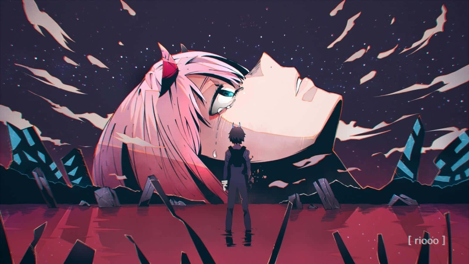 小人影面對巨大動漫女孩，背景是星空 — Ps4 壁紙