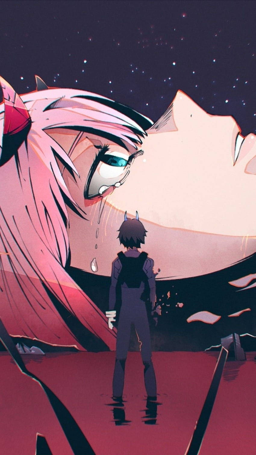 Evangelion Phone 桌布 壁紙 — 一個小人影站在一個正在哭泣的粉紅色頭髮巨型動漫角色面前，背景是星空。