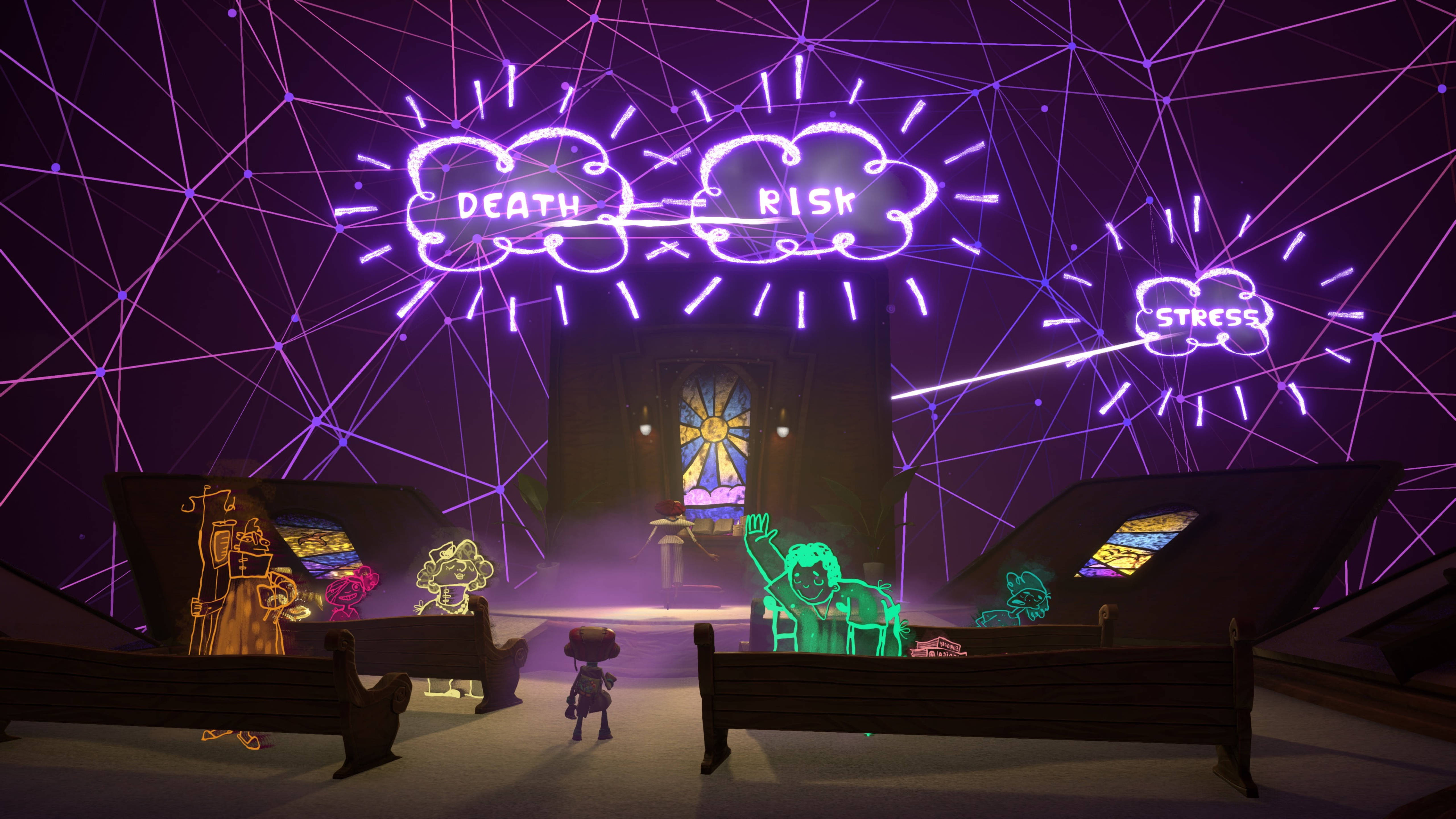 Psychonauts 桌布 壁紙 — 一個小人影站在黑暗的教堂中，彩繪玻璃窗上方有發光的霓虹燈牌寫著death risk stress。