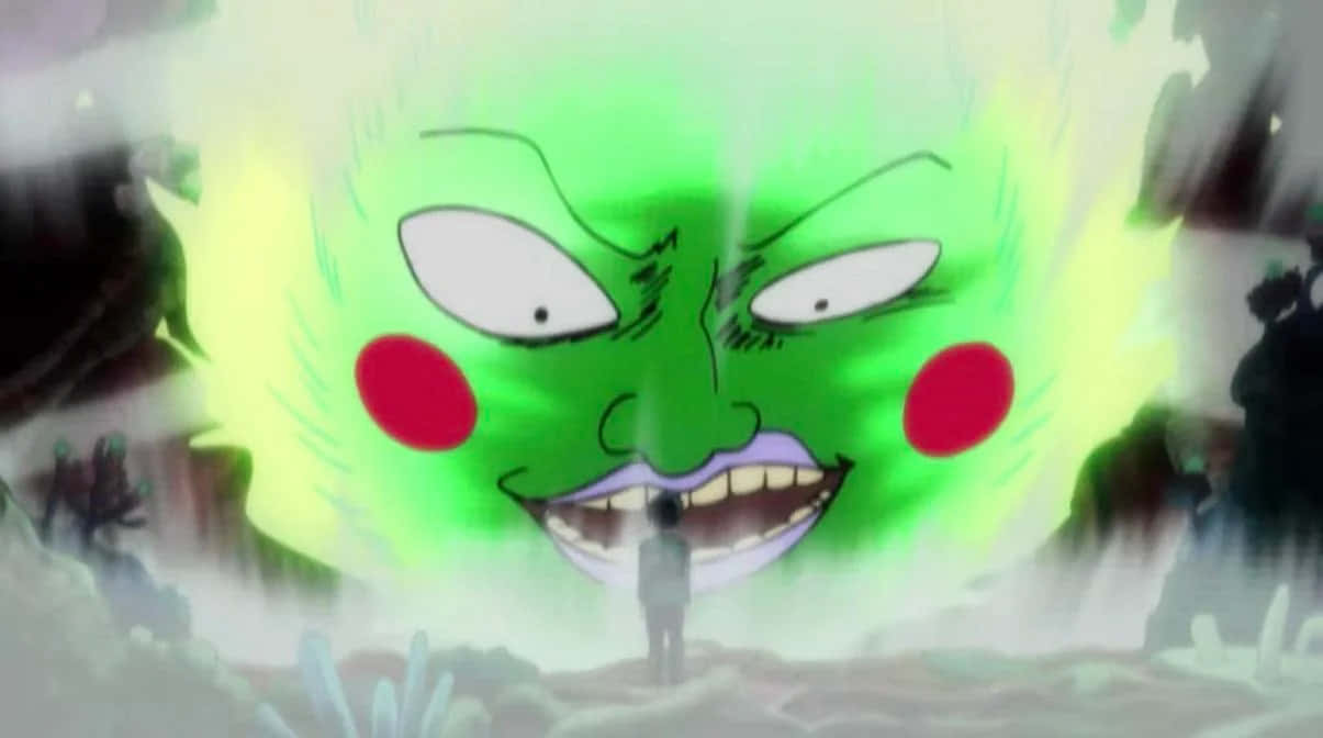 Mob Psycho 100 Ekubo 桌布 壁紙 — 一個小人站在一個巨大的發光綠色動漫怪物面前，牠有紅色臉頰和一個露出牙齒的燦爛笑容。