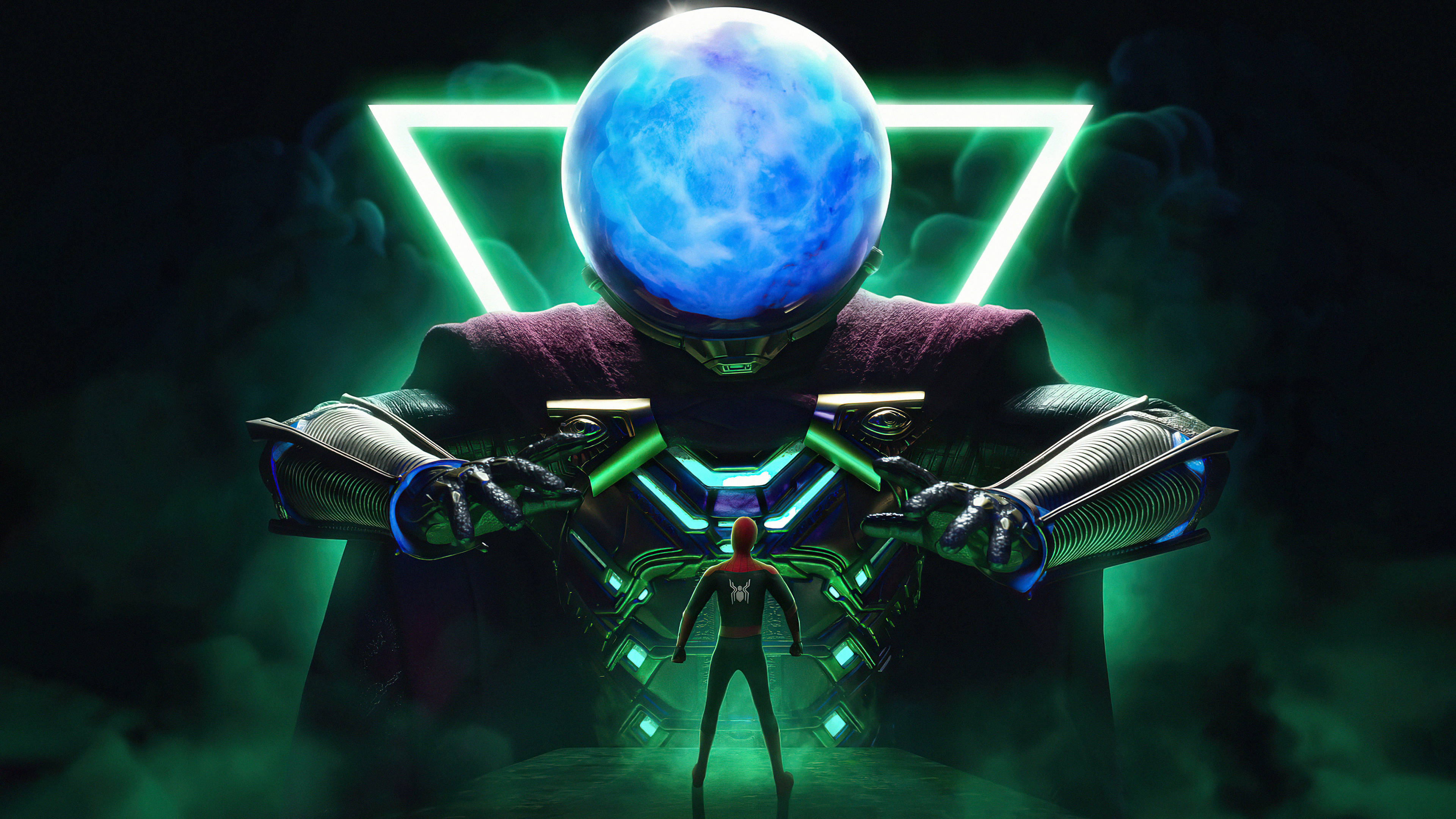 Mysterio 桌布 壁紙 — 一個小人站在一個高聳的外星人面前，他有一個發光藍色星球頭，由螢光綠色三角形框住。