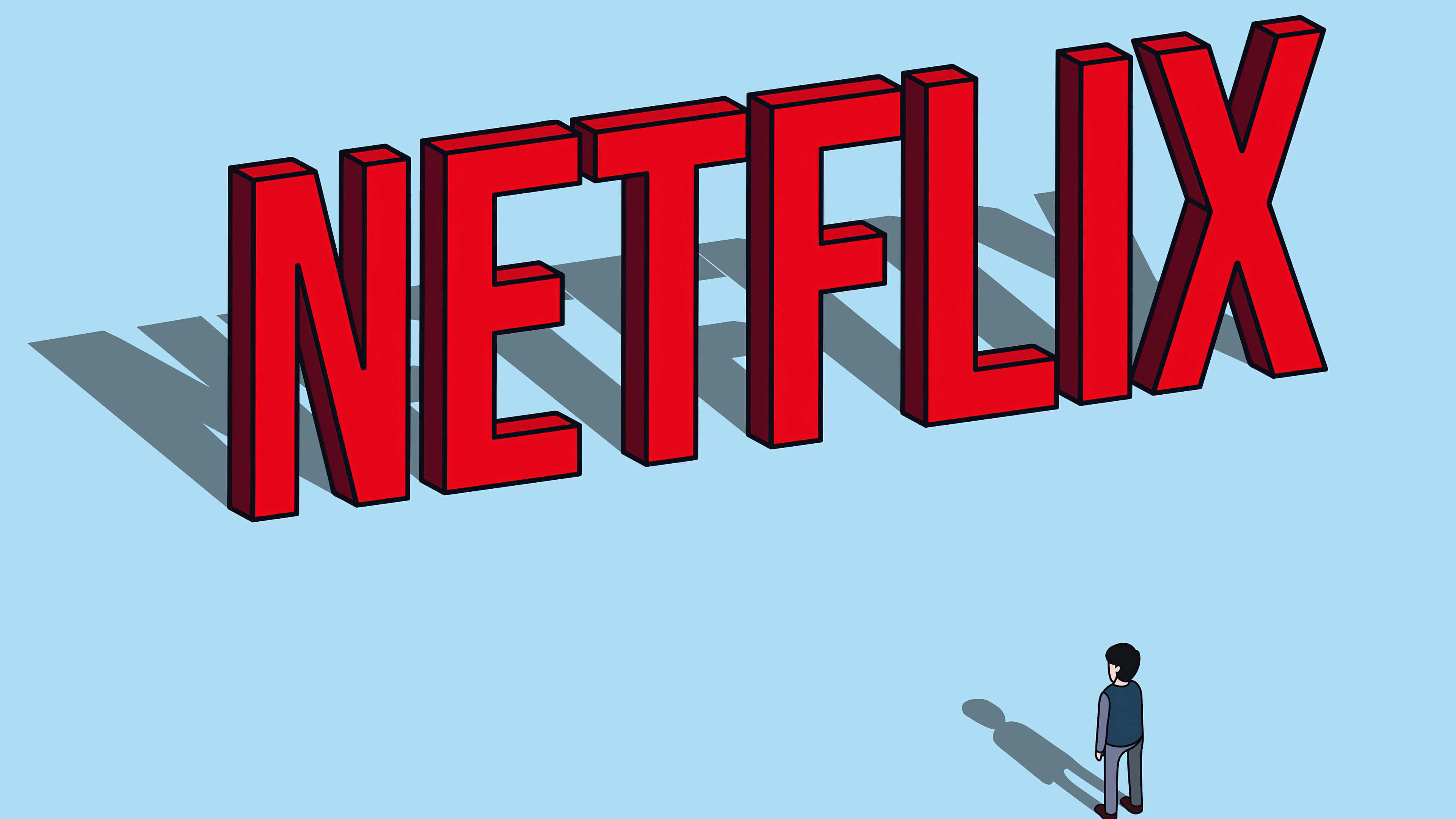 Animated 桌布 壁紙 — 一個小人站在巨大的紅色3D Netflix字母前，字母在淺藍色背景上投下長長的陰影。