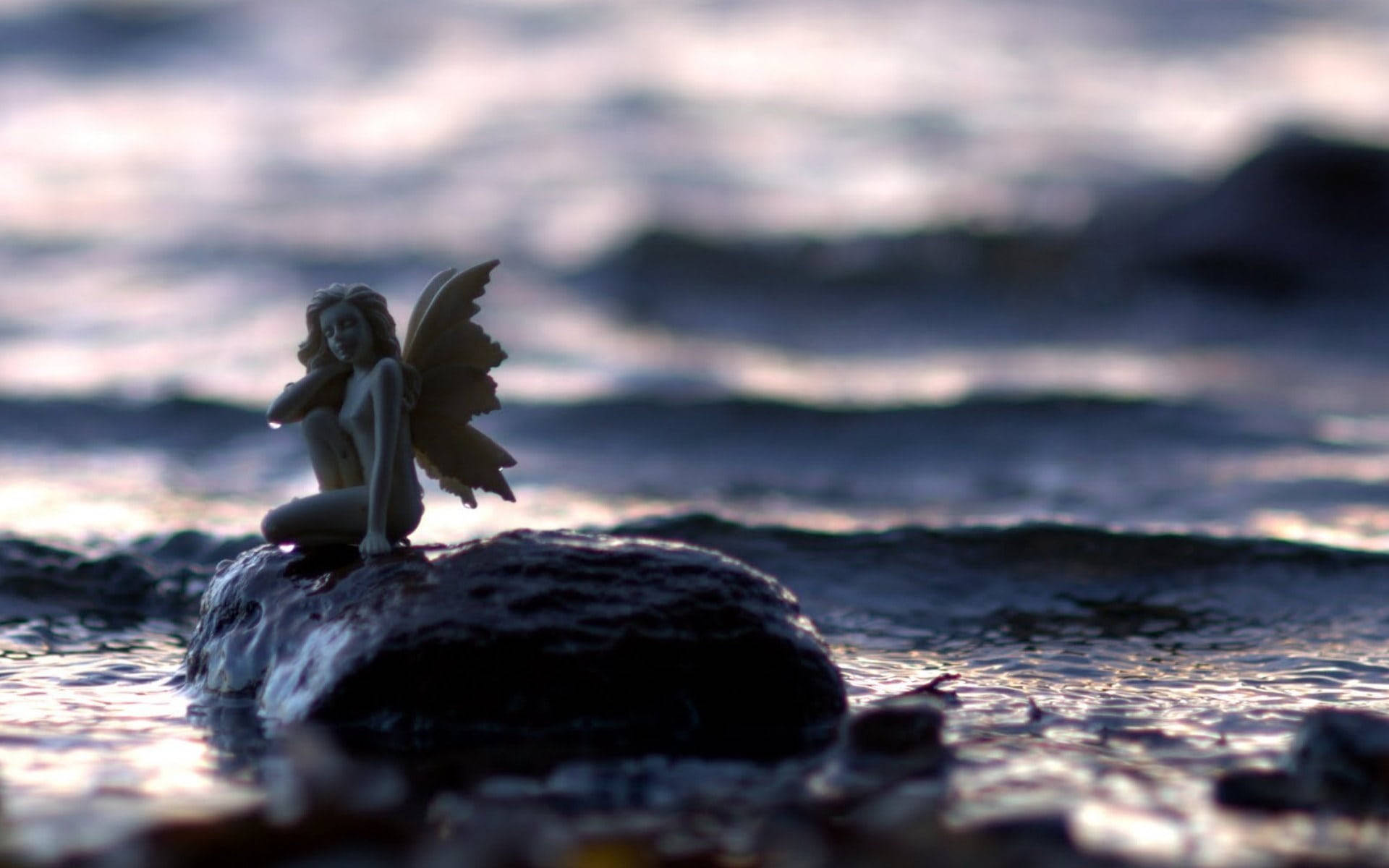 Angel Statue 桌布 壁紙 — 一個小仙女公仔在黃昏時分寧靜地坐在濕岩石上，溫柔的波浪在附近拍打。