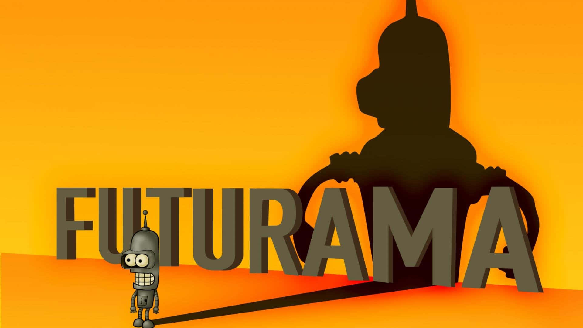 飛出個未來 桌布 壁紙 — 一個小型機器人站在巨大的「FUTURAMA」字母前，背後有一個巨型機器人的影子在橙色漸變背景上若隱若現。
