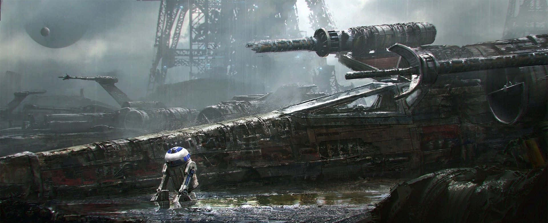 X-wing Fighter 桌布 壁紙 — 一個小型機器人站在淺水中，在霧氣瀰漫、被摧毀的太空港中，位於巨型星艦的殘骸之間。