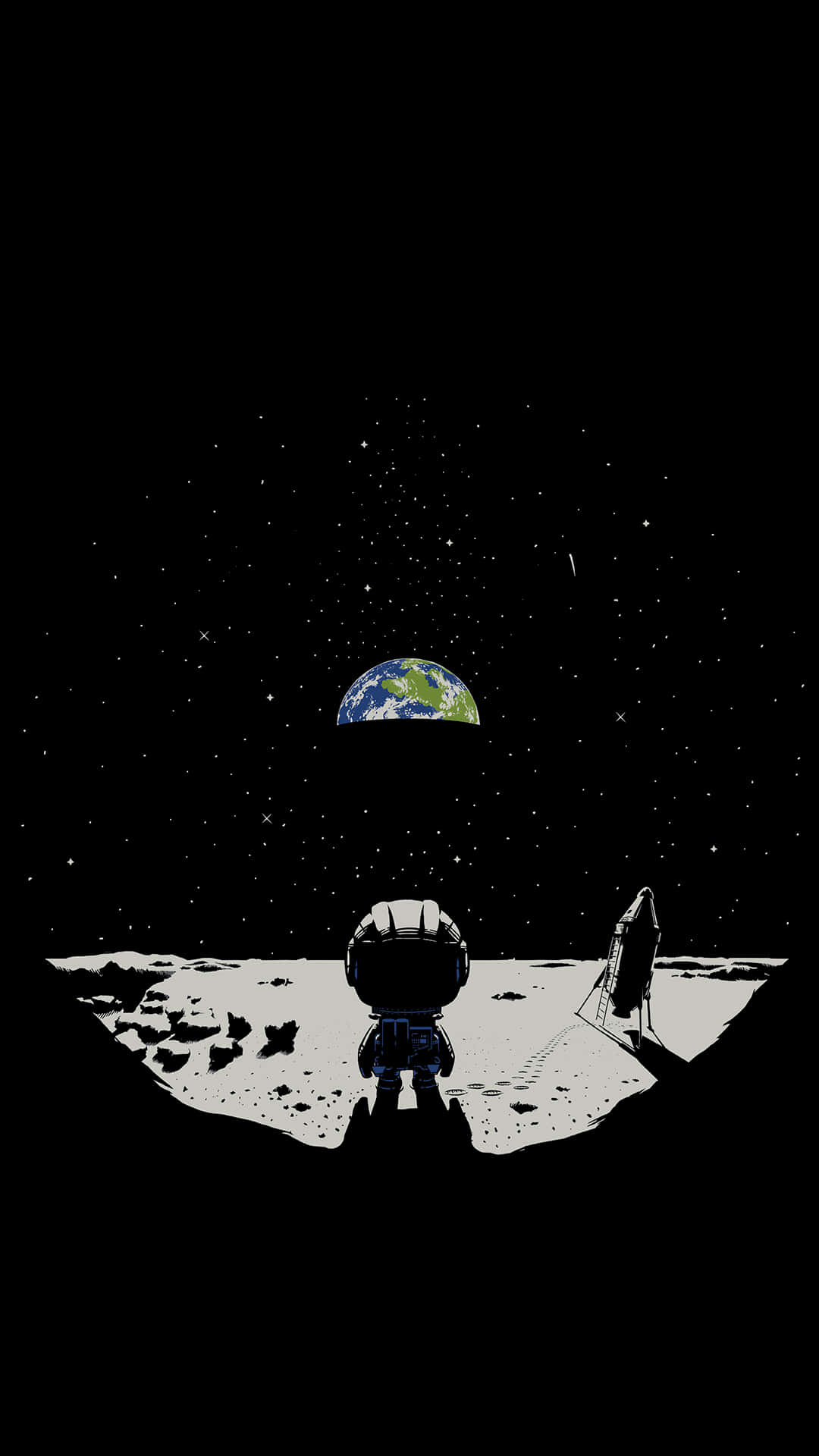 地球 桌布 壁紙 — 一個小太空人站在月球表面，仰望地球在繁星點點的虛空中升起，附近有一枚火箭。