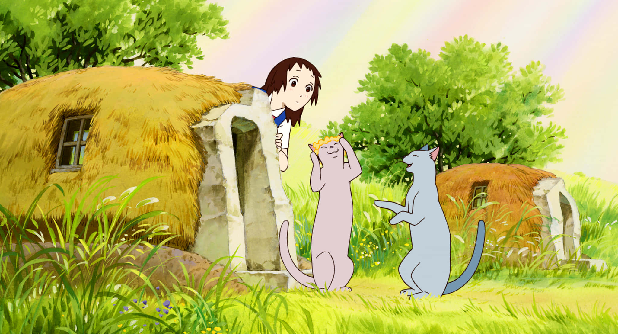 the cat returns 桌布 壁紙 — 一個小女孩從茅草屋中探出頭來，兩隻貓咪在陽光明媚、有樹木和彩虹的草地上愉快地做手勢。