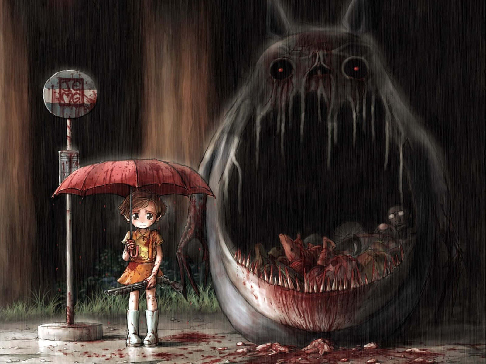 Horror Anime 桌布 壁紙 — 一個小女孩拿著紅色雨傘，在雨夜天空下，顫抖地站在一個充滿血腥的怪物張開的大嘴前。
