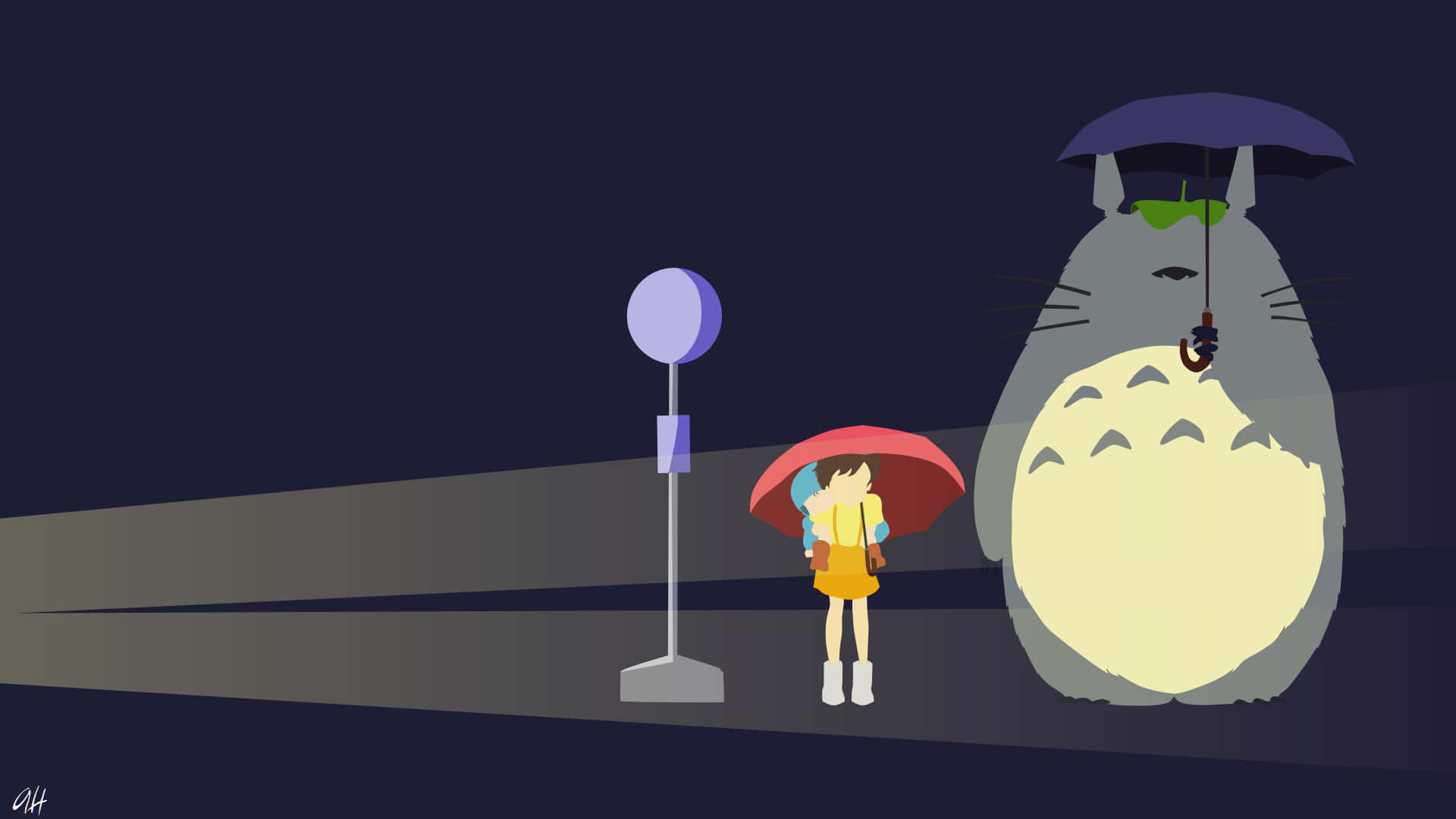 女孩和龍貓在月光下的夜空下撐著雨傘。 — 龍貓 GIF 壁紙