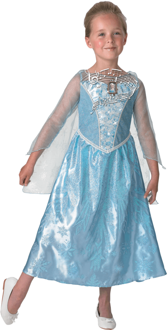 冰雪奇緣 艾莎 桌布 壁紙 — 一個小女孩穿著淺藍色艾莎服裝，上身有雪花圖案和音符，微笑著。