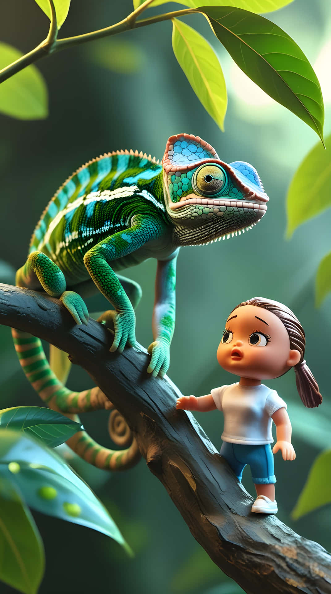 A beautiful chameleon 壁紙 — 一個小孩和一隻充滿活力的綠色變色龍在陽光普照的樹枝上，被茂密的樹葉包圍，分享著好奇的時刻。
