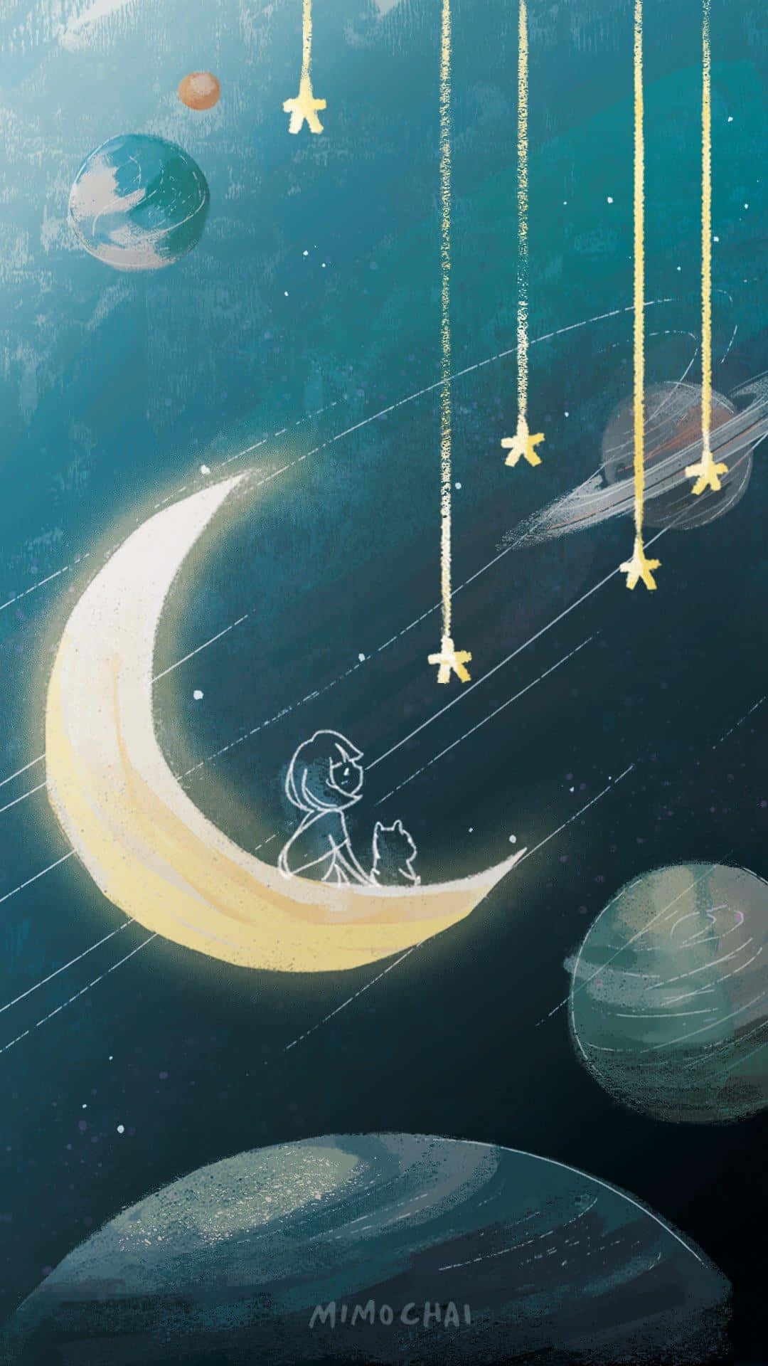太空電話 桌布 壁紙 — 一個小孩和一隻貓坐在發光的彎月上，周圍掛滿星星和漂浮的行星，構成夢幻的宇宙場景。