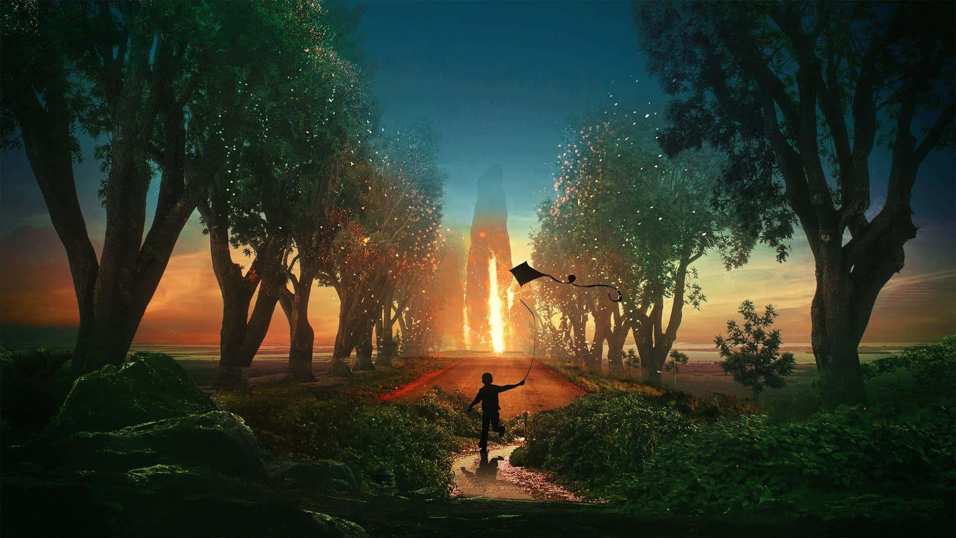 Contentment 桌布 壁紙 — 一個小孩在日落時分沿著森林小徑放風箏，飛向一座發光的塔。